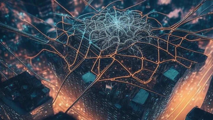 Абстрактное изображение паутины-нейросети над городом