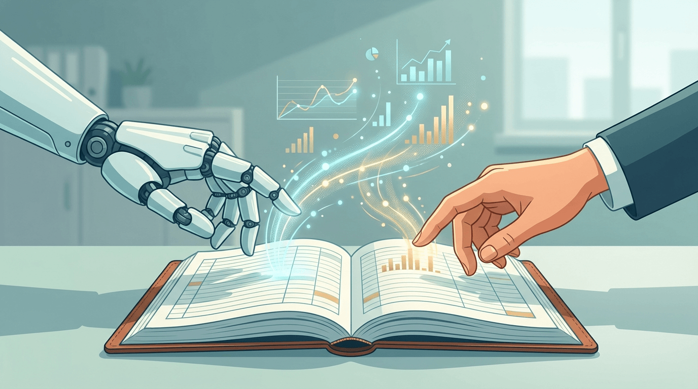 ИИ и бухгалтер работают вместе над финансовой отчётностью