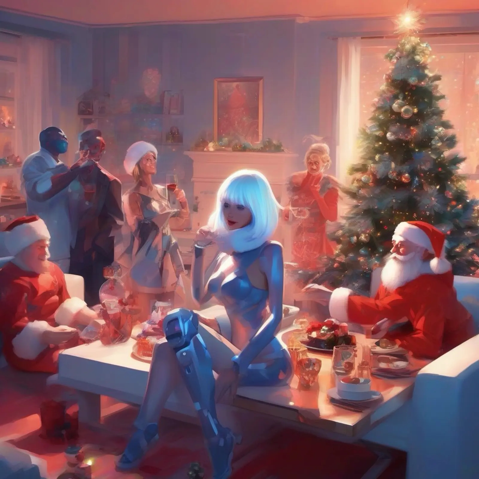 Новогодний домашний праздник с участием нейросети-андроида