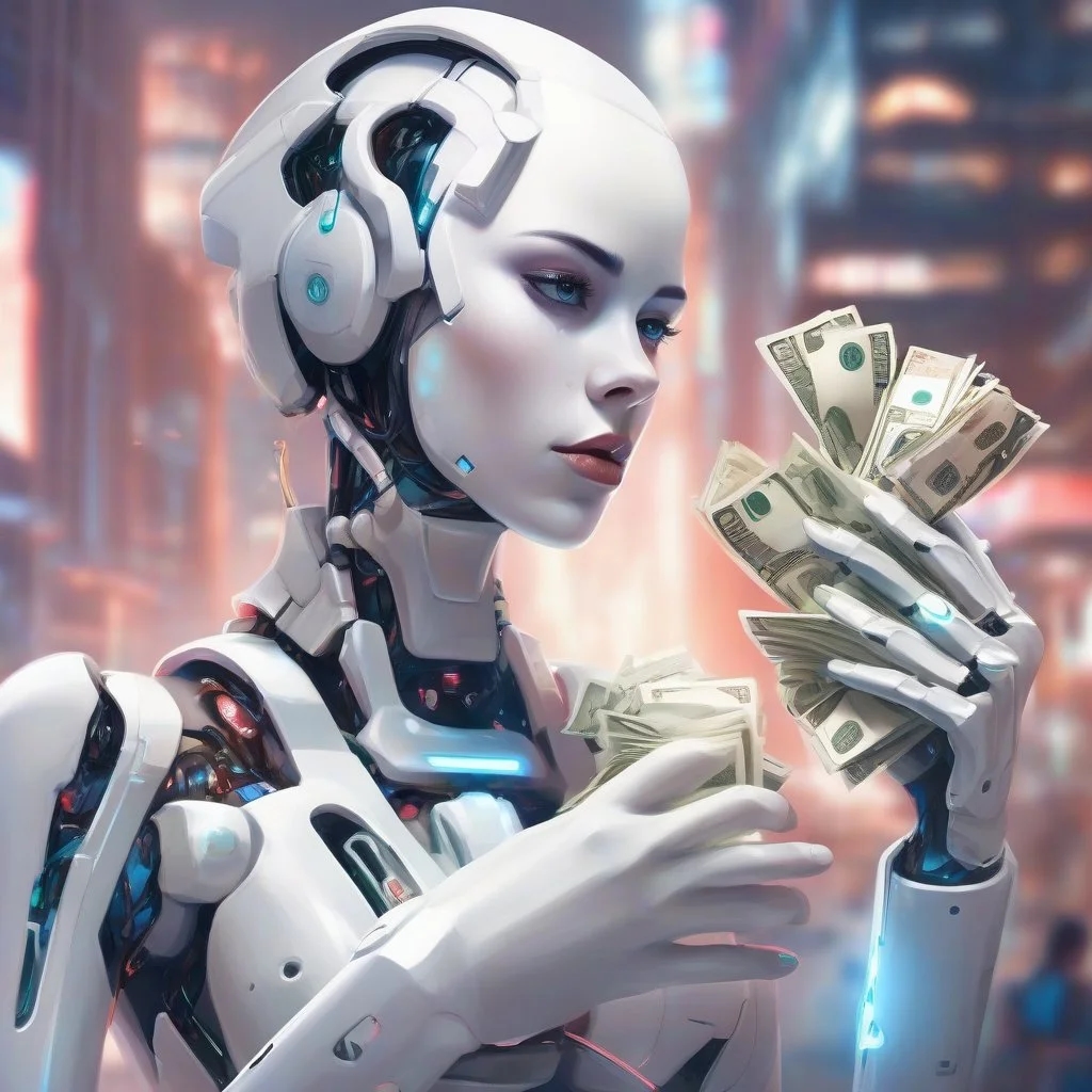 Робот-андроид держит в руках заработанные деньги