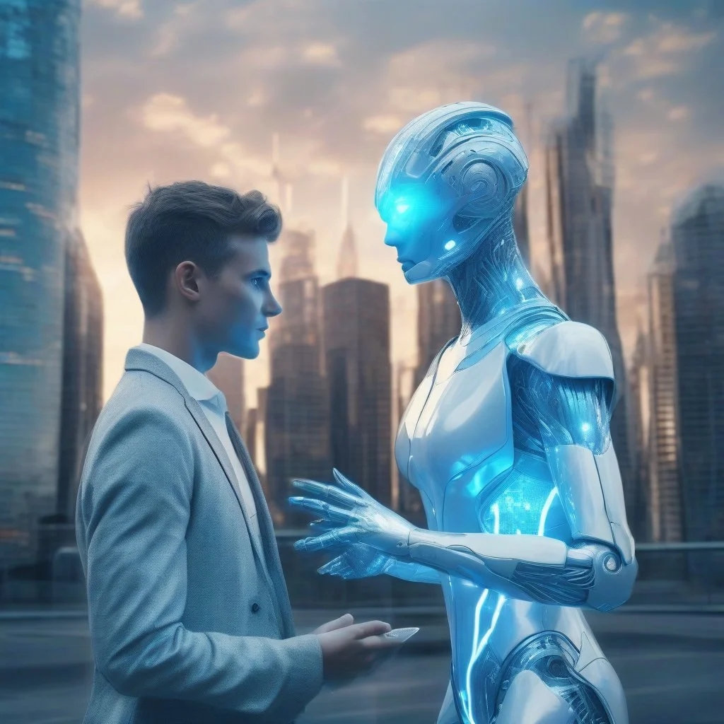 Человек задает вопросы гуманоидной нейросети