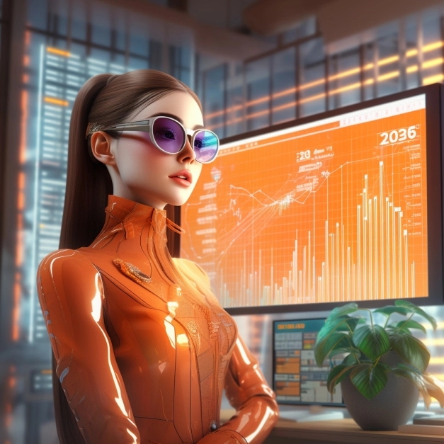 Девушка в оранжевом работает маркетологом