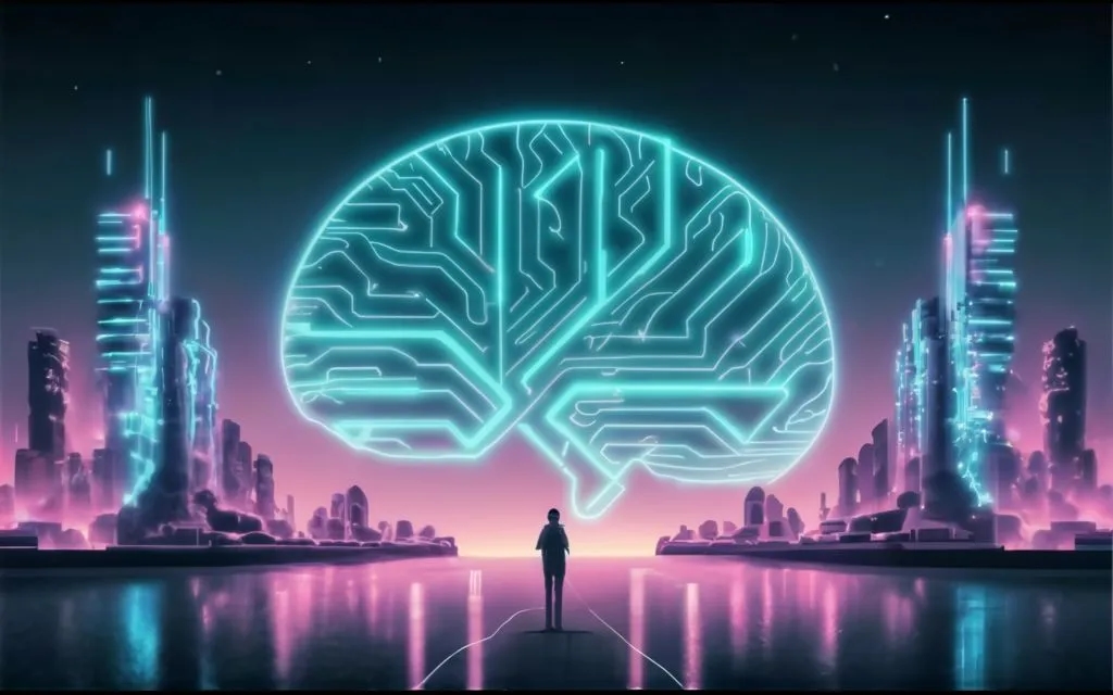ChatGPT-4 Turbo в виде проекции электронного мозга над мегаполисом