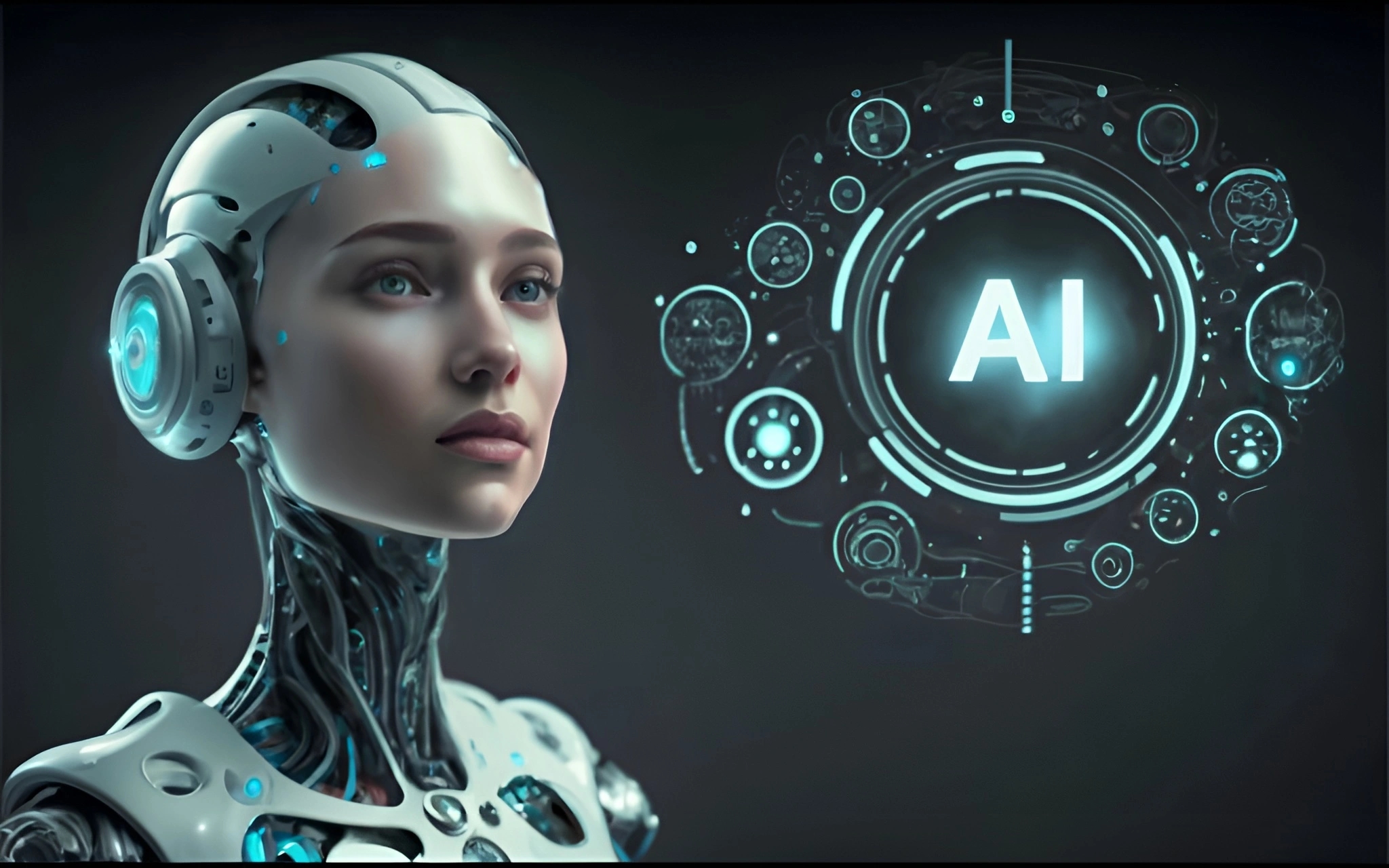 Девушка-нейросеть и облачная надпись AI