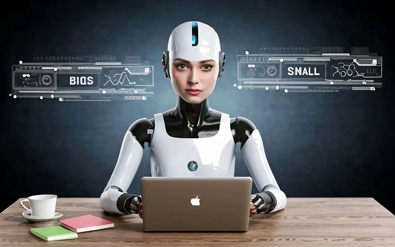 Андроид-девушка сидит за столом с ноутбуком Apple