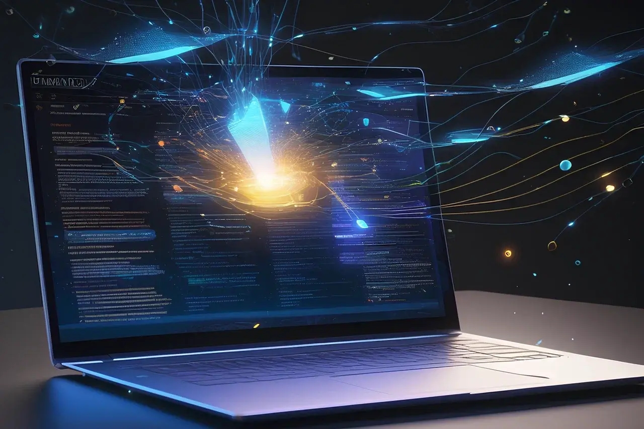 ноутбук на столе с текстом и яркиэ спецэффектом на экране