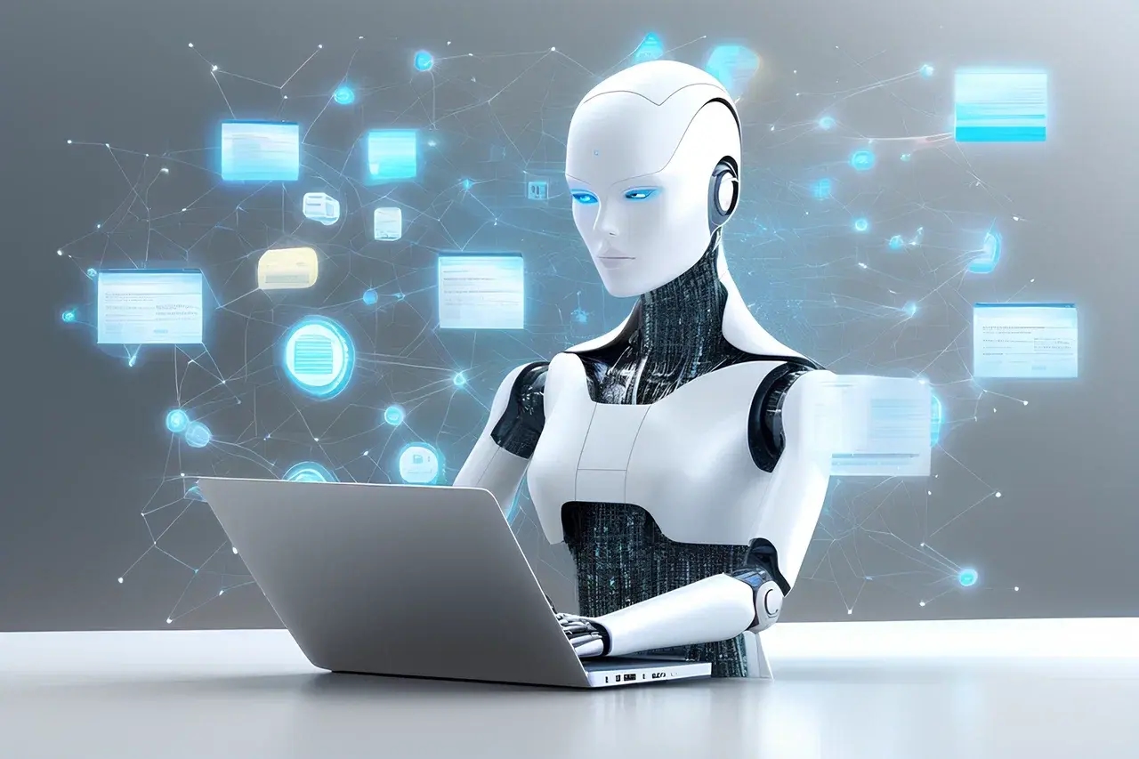 Робот печатает на ноутбуке, вокруг робота витают вариации текстов