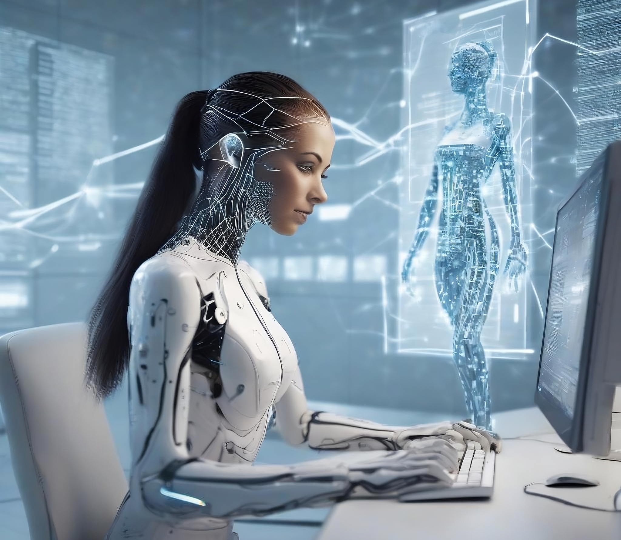 Человек и нейросеть работают над рерайтом контента