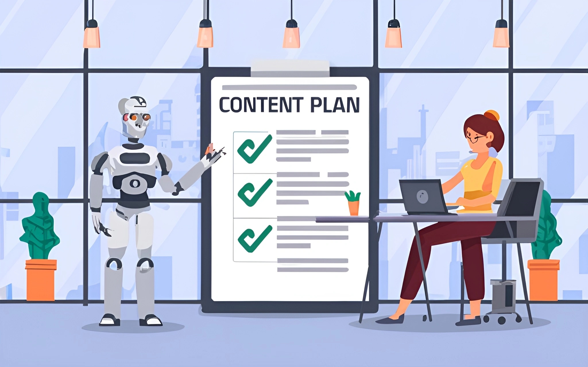 Робот-андроид помогает создать контент-план офисному работнику