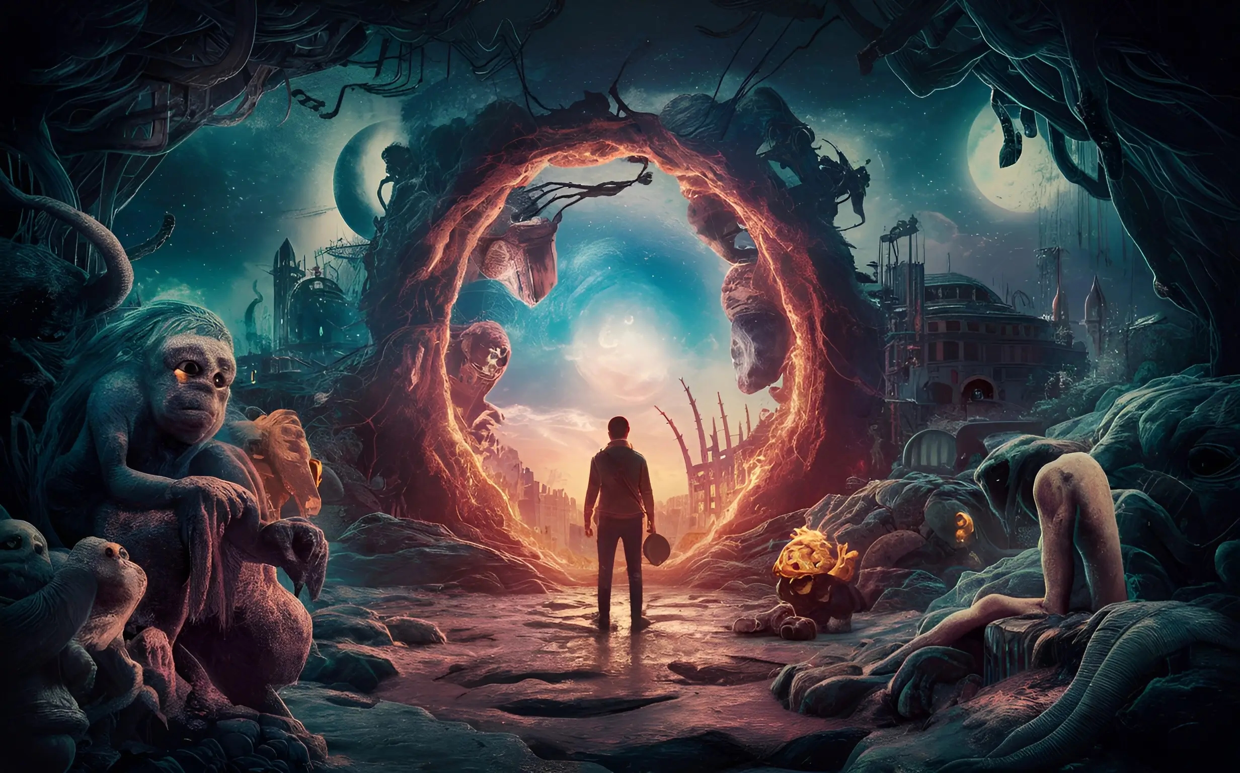 Мужчина смотрит через портал на параллельный мир