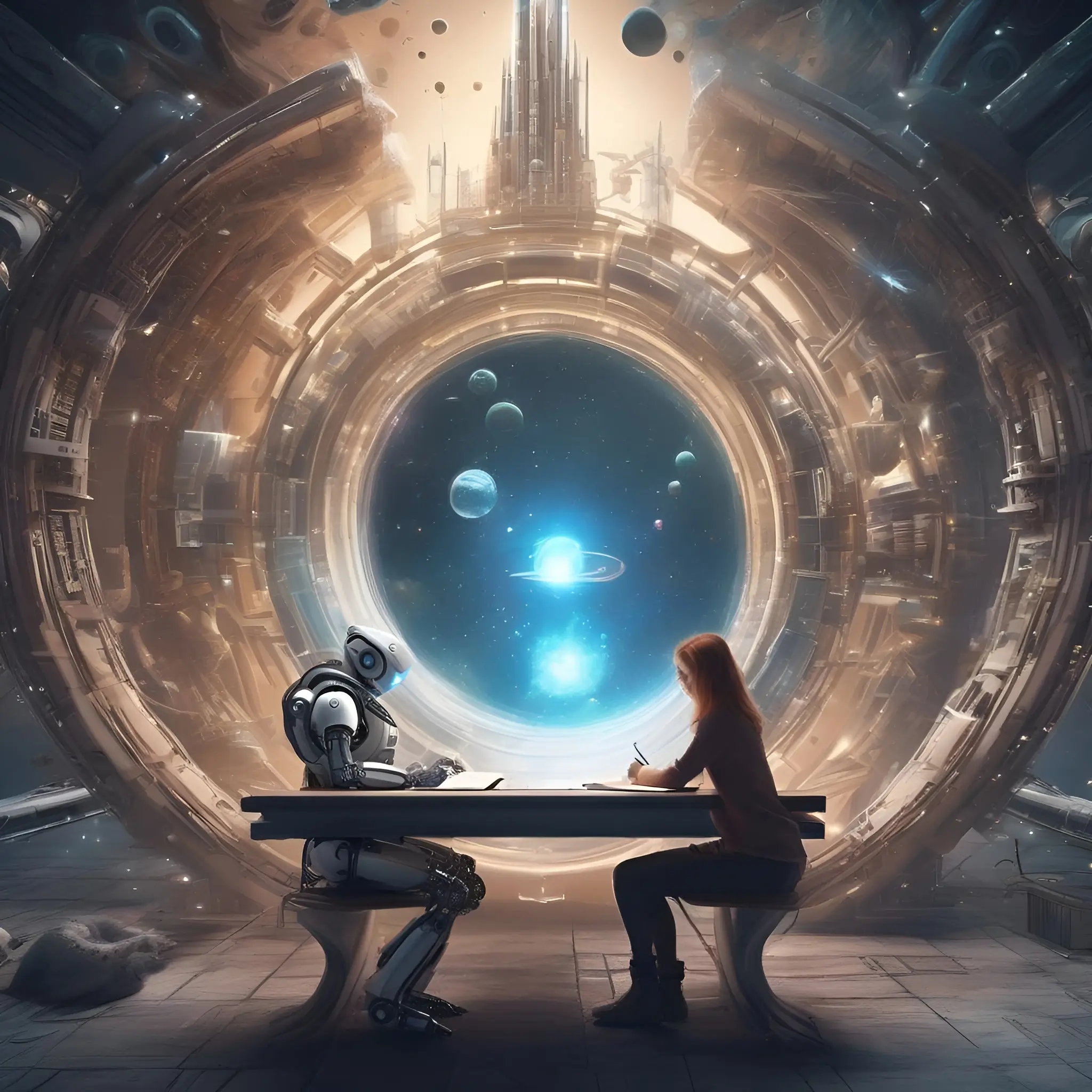 Робот и девушка работают над фантастическим сюжетом