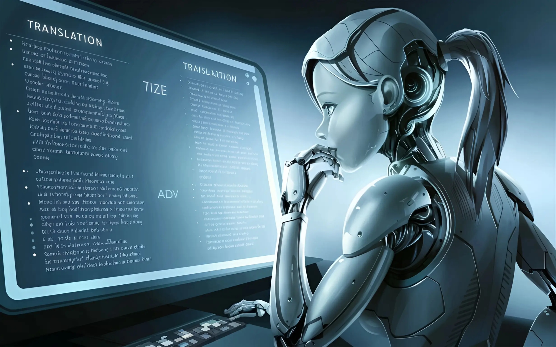 Девушка-робот переводит тексты на компьютере
