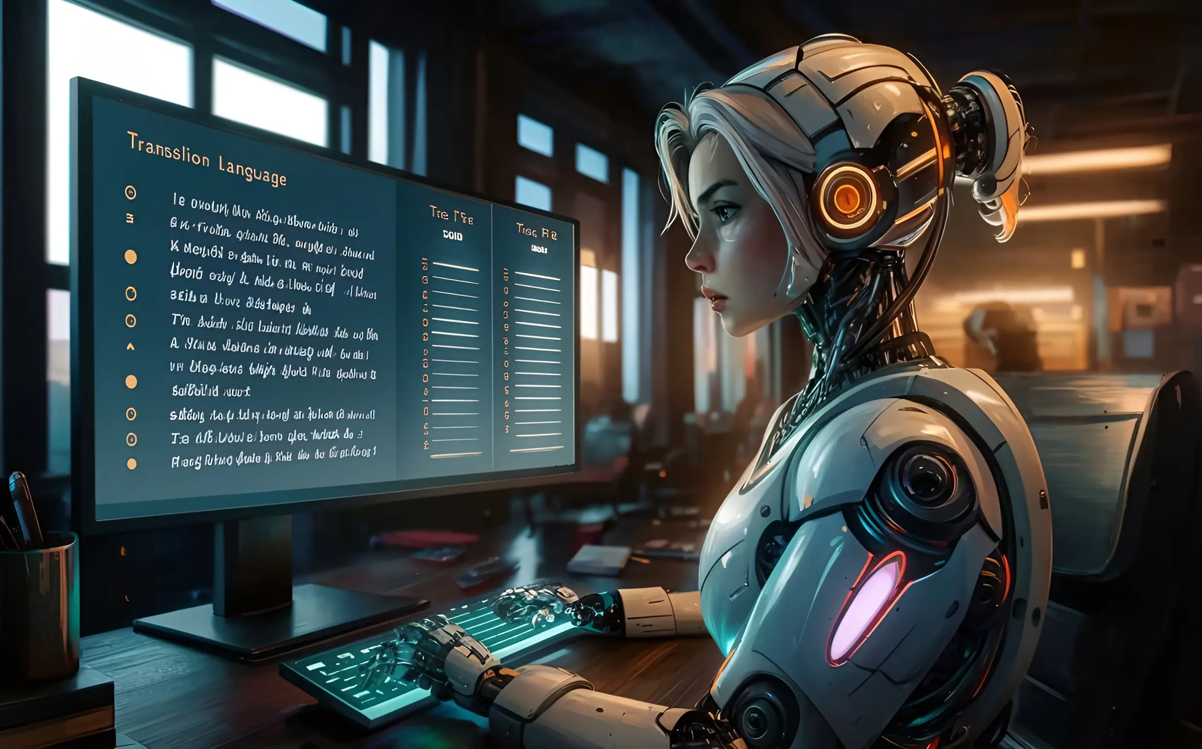 Офисный киборг переводит тексты за большим монитором