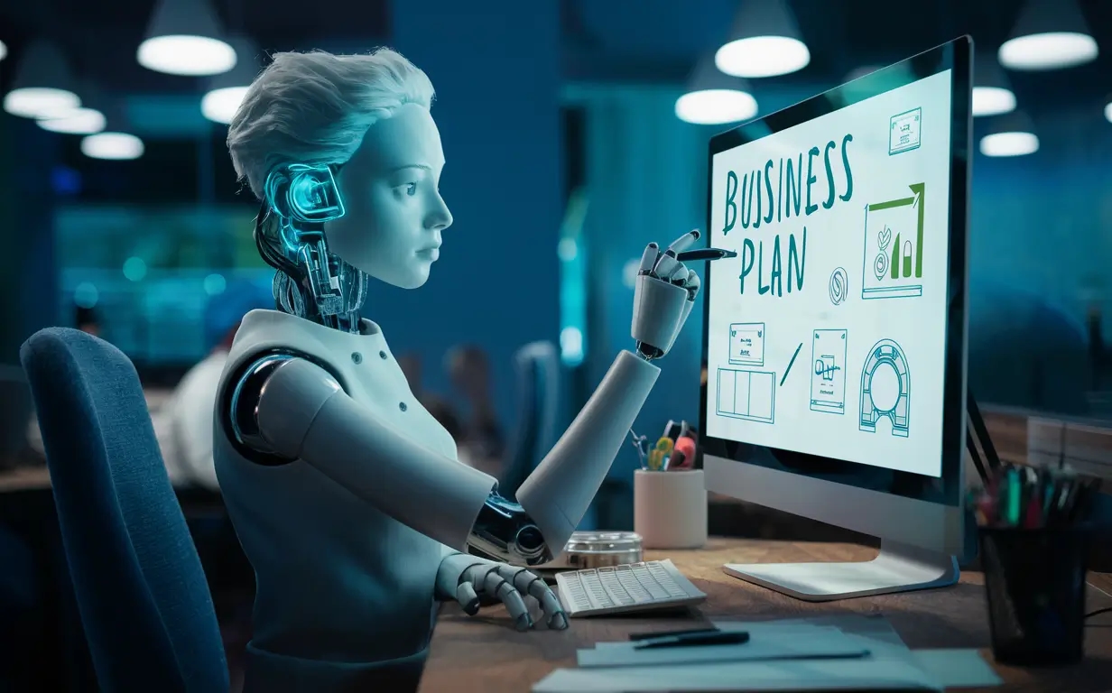 Девушка-андроид разрабатывает бизнес-план на ПК