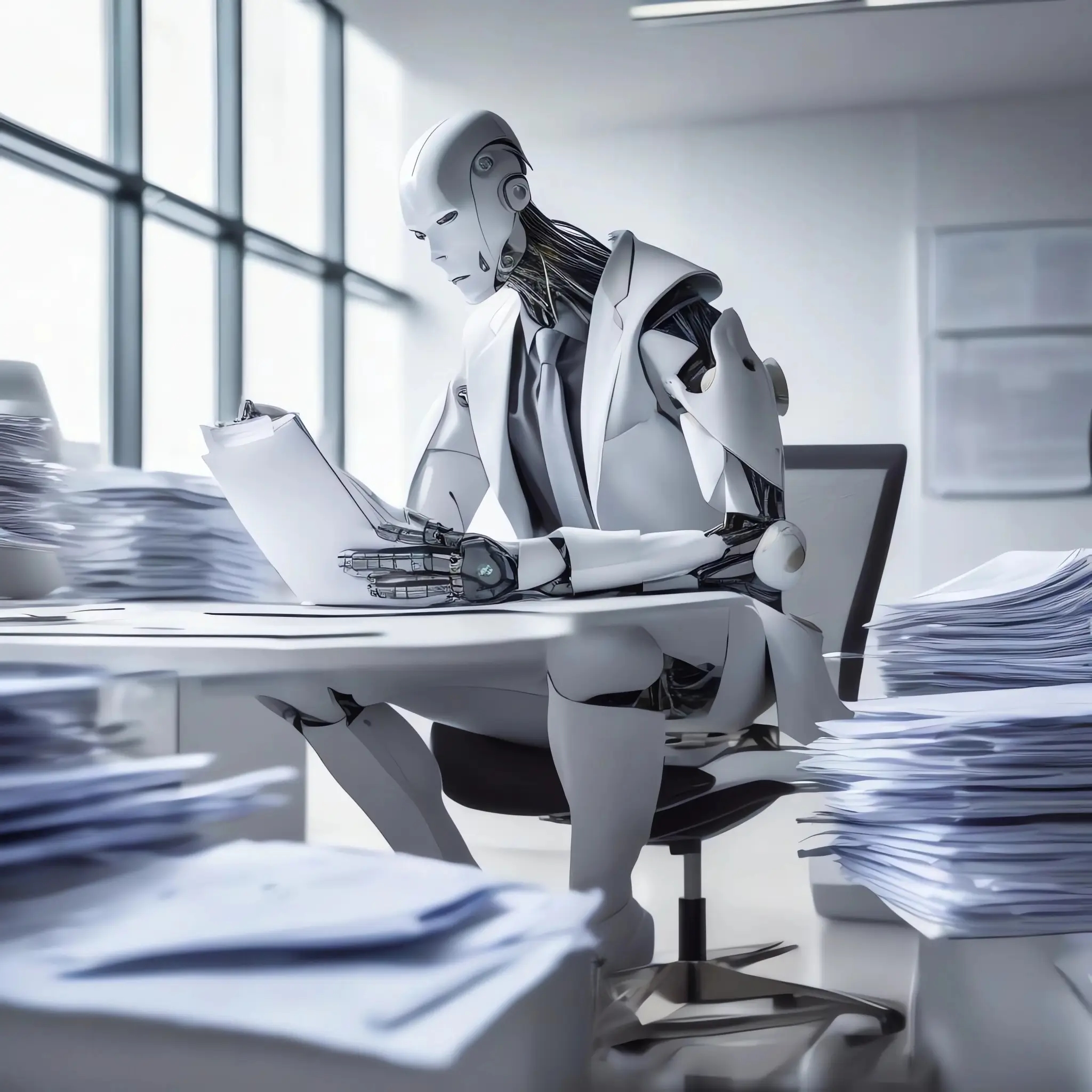 Робот в костюме и галстуке работает в офисе с документами