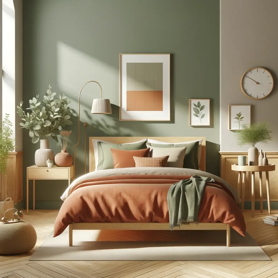 Спальня в цвете шалфей и терракота