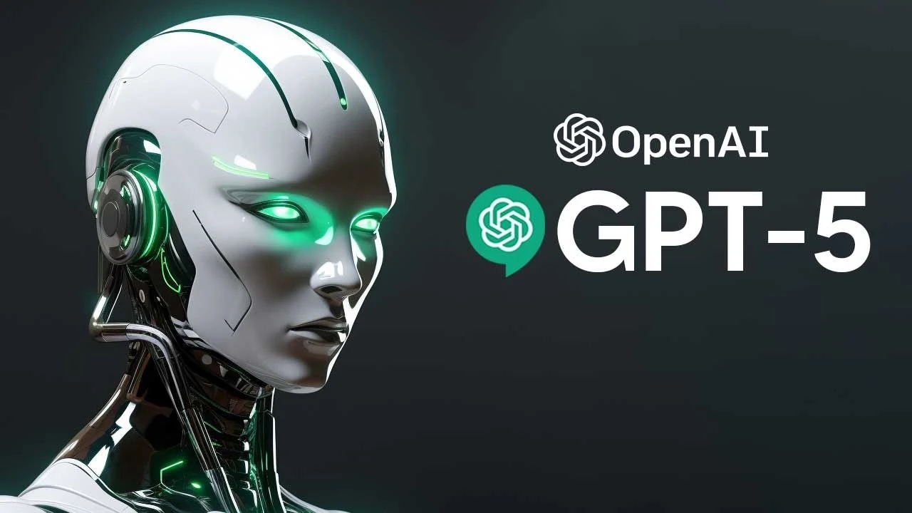Женщина-робот смотрит зелеными светящимися глазами на надпись OpenAI GPT-5