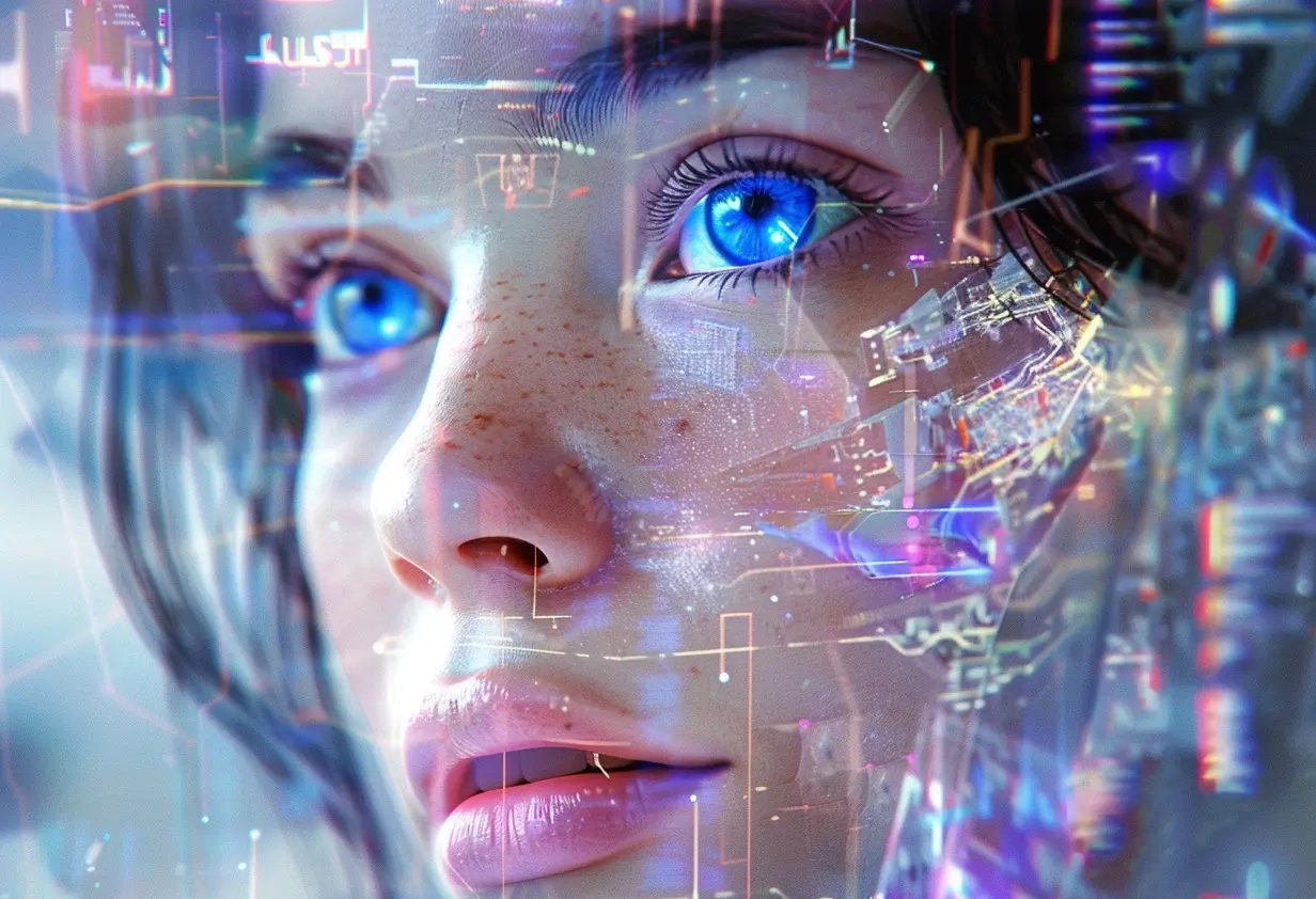 Нейросеть в виде девушки на светящемся фоне