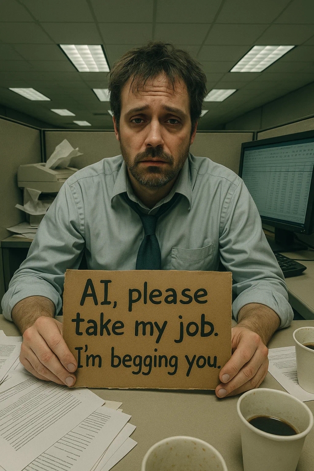 Мольба офисного работника
Растрепанный мужчина в рубашке и расслабленном галстуке сидит сгорбившись за своим рабочим столом в кабинке, окруженный документами и пустыми кофейными чашками. Его монитор светится электронными таблицами. Он держит картонную табличку:
"ИИ, пожалуйста, забери мою работу. Я умоляю тебя."
Стиль: Гиперреалистичное, флуоресцентное офисное освещение, легкое искажение объектива типа "рыбий глаз", мрачная корпоративная цветовая палитра (бежевый и серый), на заднем плане принтер с замятием бумаги.