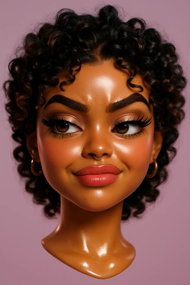 Создайте гипер-стилизованную 3D плавающую голову капризного, гламурного женского аватара с искренней улыбкой — красивые круглые ореховые глаза с длинными ресницами и тушью, слегка изогнутые брови и тонкий изгиб губ нежно-розового цвета, передающий классическое высокомерное отношение 'стервозной девушки'. Её кожа карамельного цвета, гладкая как фарфор, с глянцевой, почти аэрографичной виниловой отделкой. Хайлайтер драматично нанесен на скулы и кончик носа, улавливая мягкое студийное освещение с влажным, отражающим сиянием. У нее кудрявые черные волосы с коричневыми прядями. В ее носу есть кольцо-пирсинг.