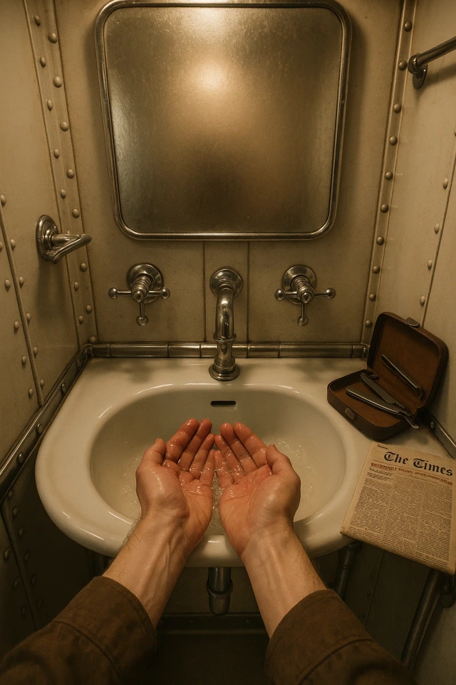 Вид от первого лица на умывание лица в компактной ванной комнате дирижабля 1930-х годов с хромированными приспособлениями и стенами в заклепках, руки тянутся к фарфоровому умывальнику, запотевшее зеркало отражает свет, рядом старинный набор для бритья с опасной бритвой и сложенная газета 1937 года.