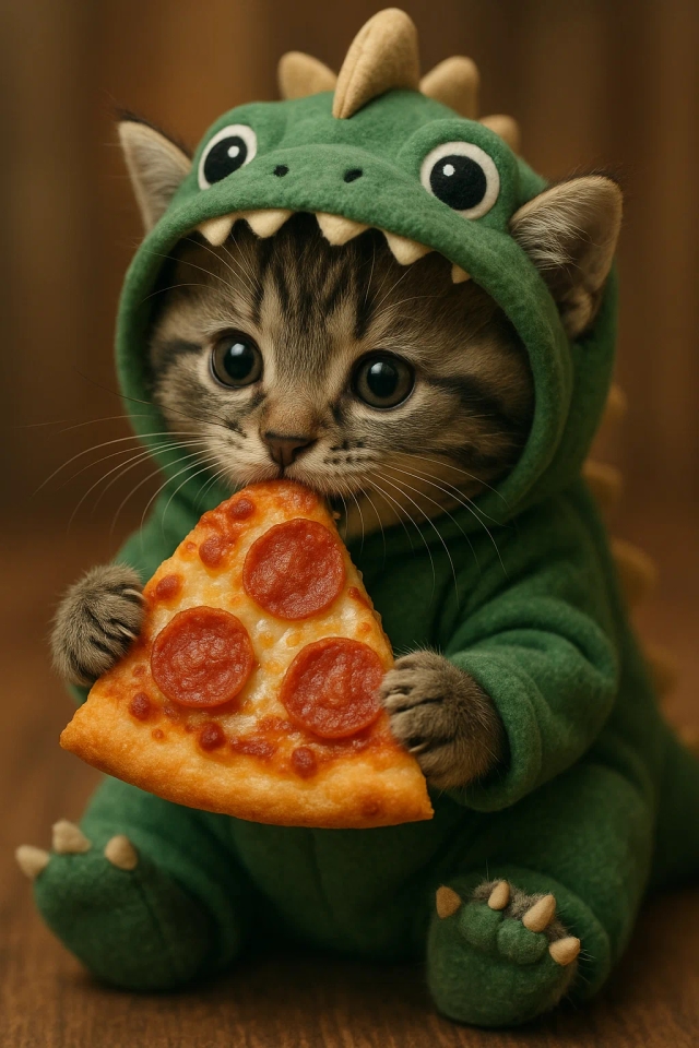 Котенок, поедающий пиццу в костюме малыша-динозавра