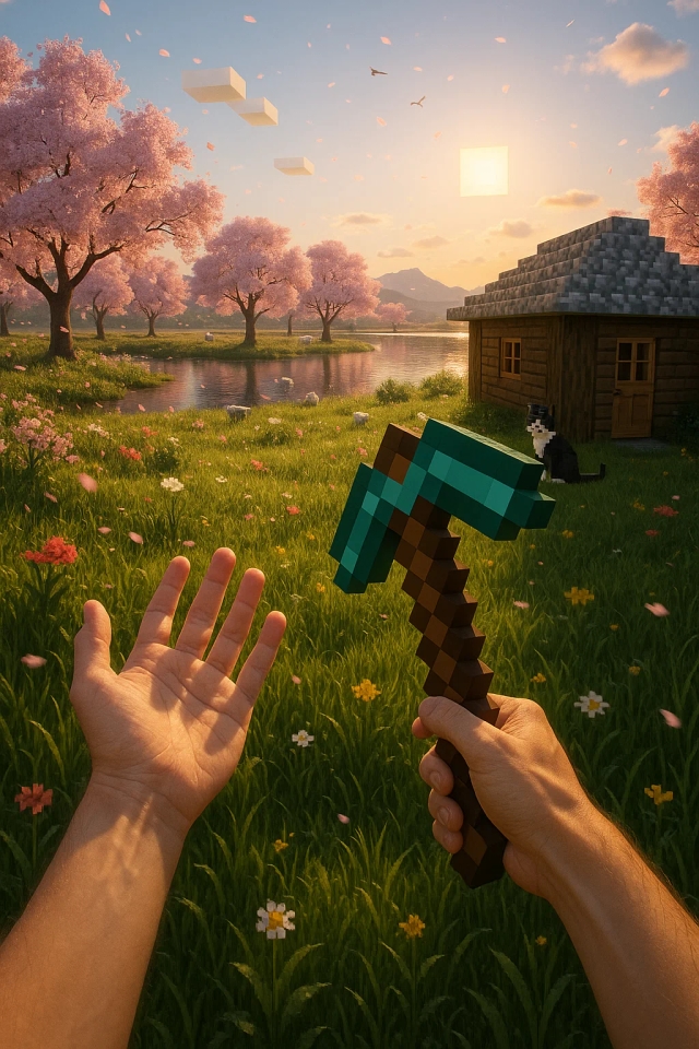 Майнкрафт в реальной жизни. Графика как в жизни, но стиль как в игре. Добавлены шейдеры, тени, блики. Листья на деревьях падают.
Фон: озеро и деревья сакуры, горы вдалеке. Несколько овец. Погода ясная, солнечный день, начало заката. В небе квадратные облака и квадратное солнце. Много травы, две птицы далеко в небе, цветы.
Картинка в разрешении 8K от первого лица, как в Майнкрафте, две руки. Одна рука свободна, другая держит алмазную кирку. У каждой руки по пять пальцев, сохраняя анатомическую точность.
Неподалеку находится дом из темного дуба, одноэтажный, с крышей из булыжника, дом выглядит красиво.
Рядом с домом сидит черно-белый пиксельный кот.