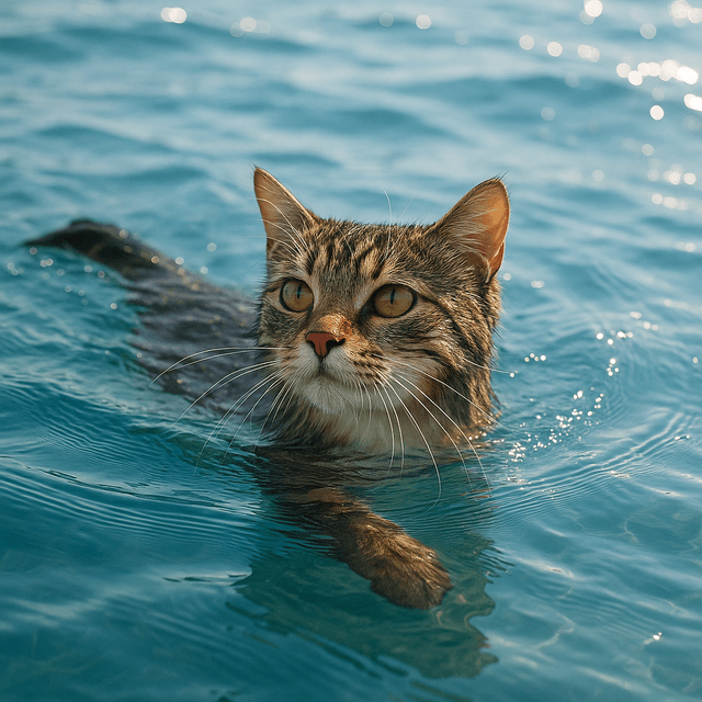 Сгенерируй кошку, которая плавает в море