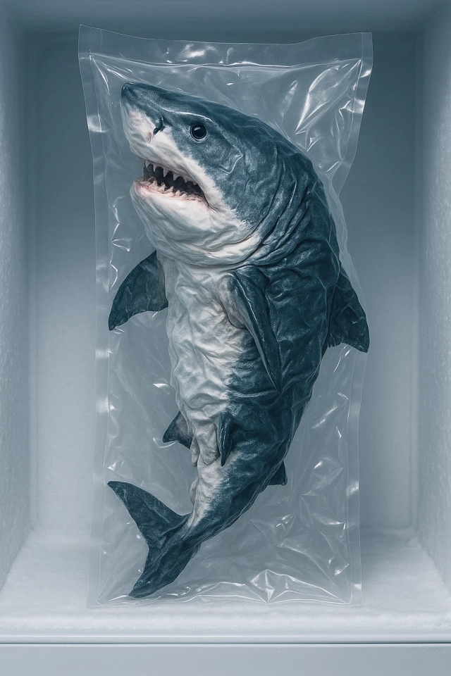 В реальной вакуумной промышленной упаковке вы видите вакуумно упакованный сжатый помятый пакет в морозильной камере, содержащий быстрозамороженную огромную целую белую акулу. Фон простой, а контраст цветов сильный. Выделите вакуумно упакованную белую акулу.