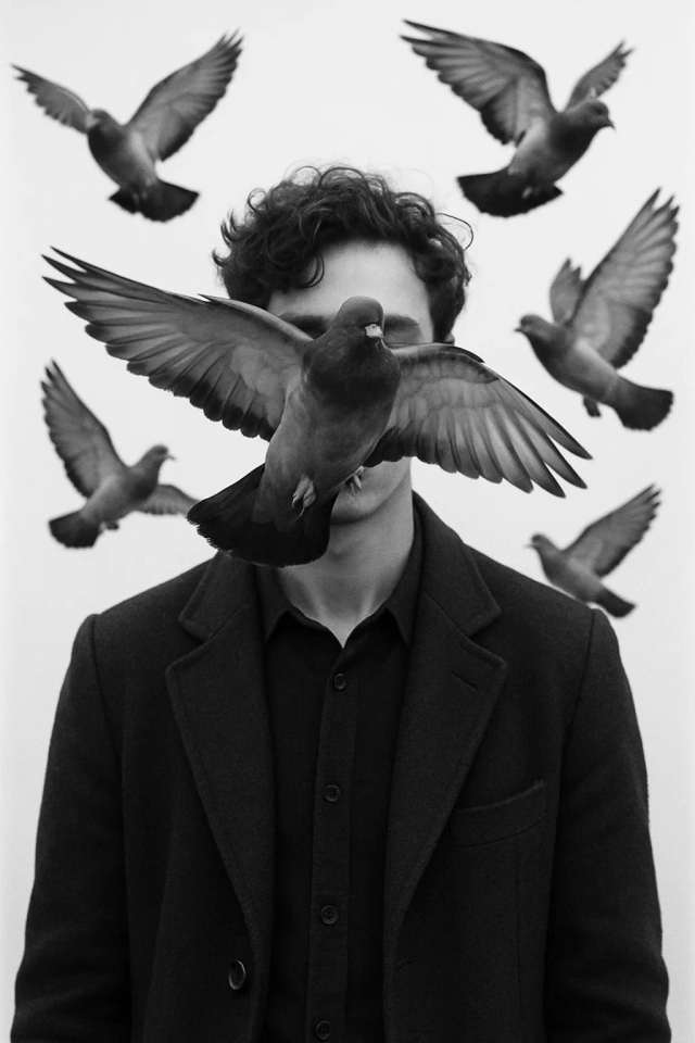Черно-белый портрет человека на чистом белом фоне. Он одет в темную одежду, которая выделяет его на светлом фоне. Группа голубей летает перед ним и вокруг него, один из них полностью закрывает его лицо в полете. Голуби должны быть реалистичными, а человек должен быть точной моделью с определенными чертами характера