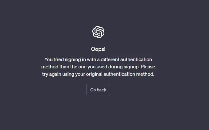 Скриншот ошибки авторизации в чат-боте ChatGPT